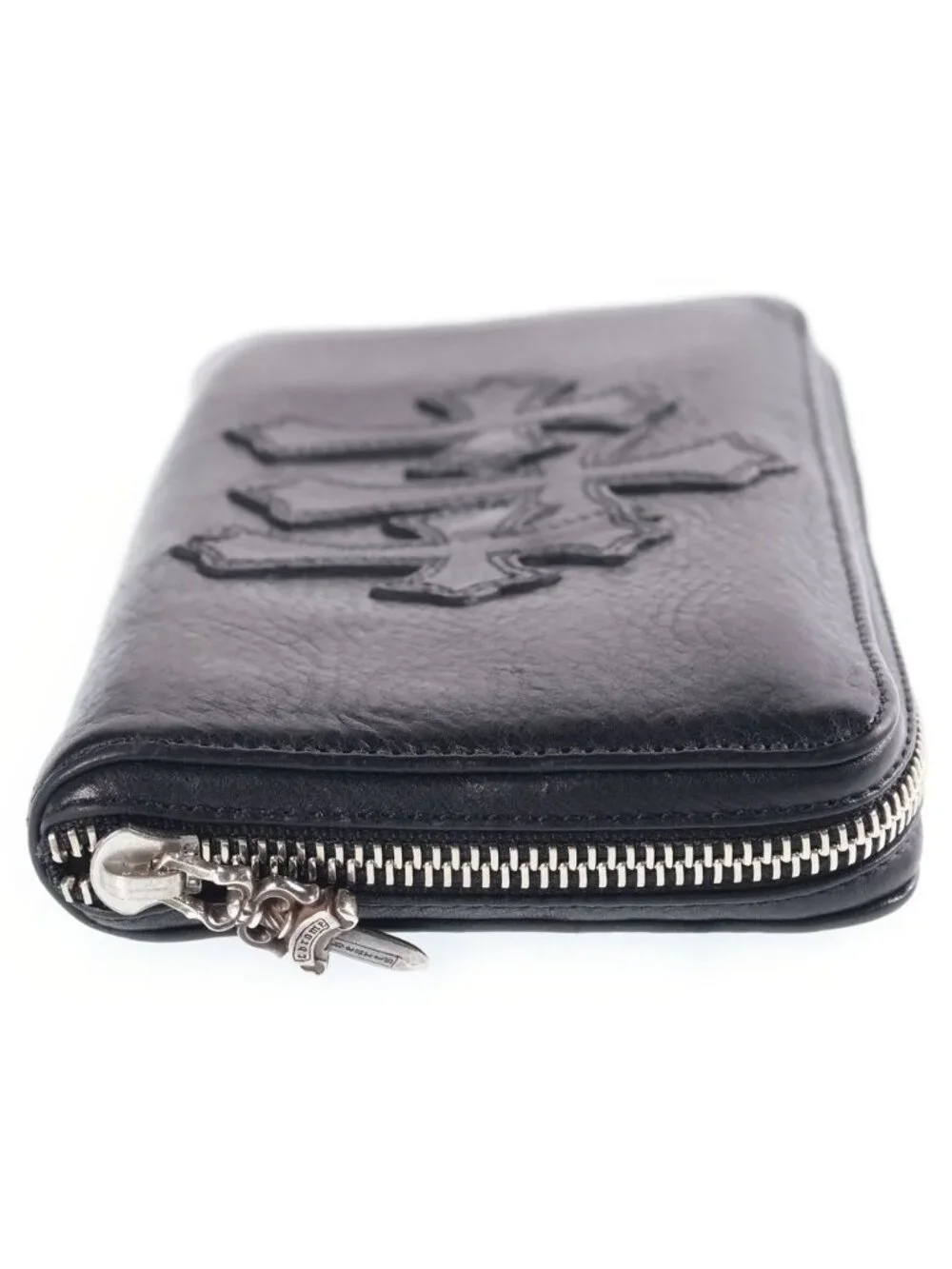 Chrome Hearts Rec Zip 3 Cross Round Zip Leather Wallet Black